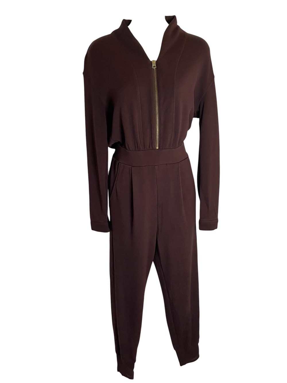 Varley Maroon-Brown Zip-Front Talia Jumpsuit With Pockets Size XXS Viscose Blend